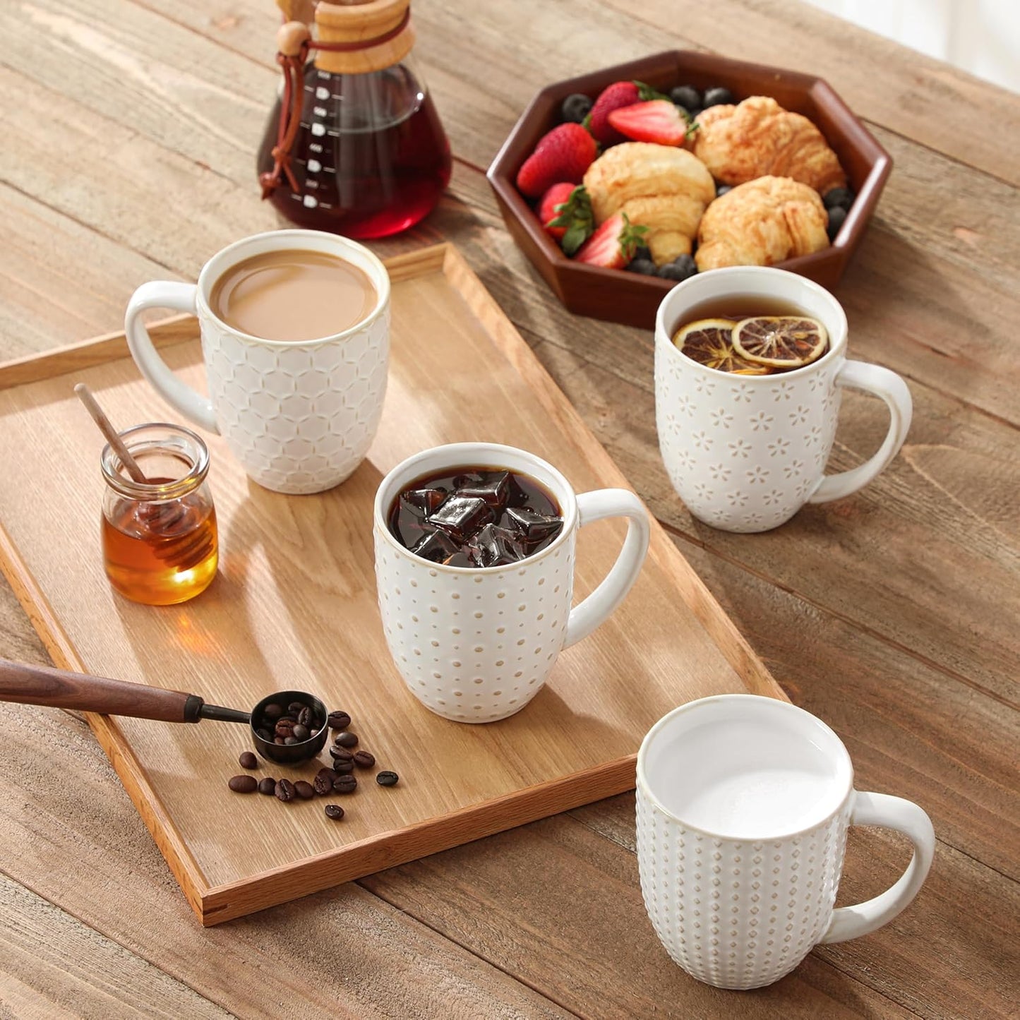 16 OZ Set 4 Set, MALACASA LYDIA Coffee Mugs, Ceramic Mugs of with Handle, Embossment Cups for Latte, Hot Tea