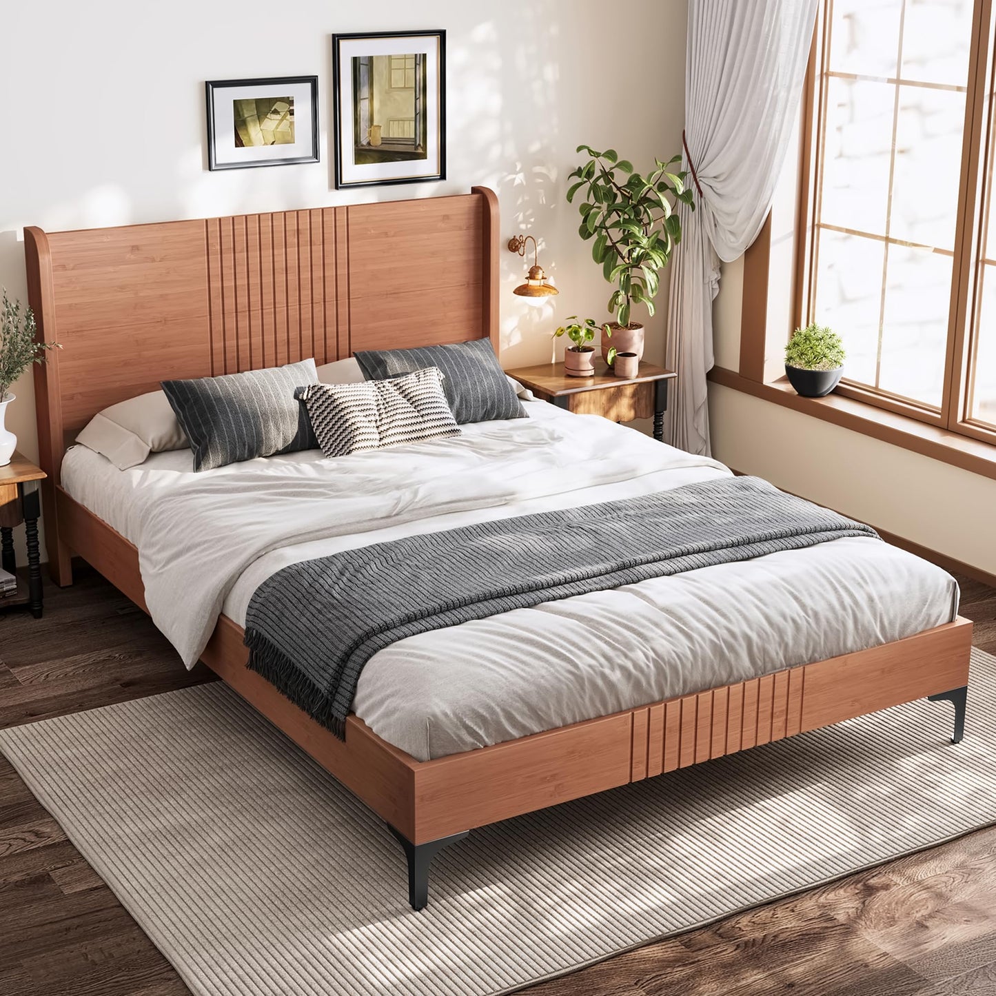 KEIKI Full Size Platform Bed with Bamboo-Made Structure, Mid-Century Style Bed Frame with Chic Headboard, Sustainable Bedframe Full for Bedroom, Easy Assembly, No Box Spring Needed, Natural