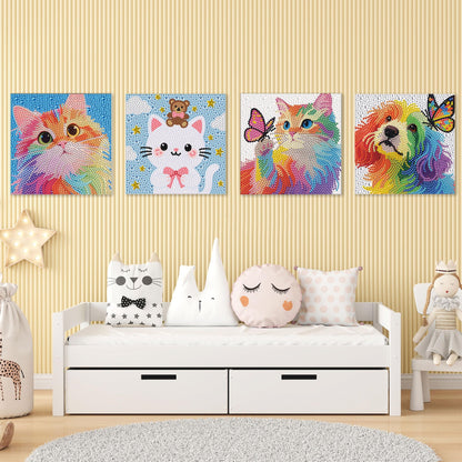 geesfayan 4 Pack Diamond Art Kit for Kids 6 Inch DIY Animal Gem Art with 4 Tools Sets, Gem Painting for Beginners, Creative Craft Gift for Teens & Kids（cat Dog）