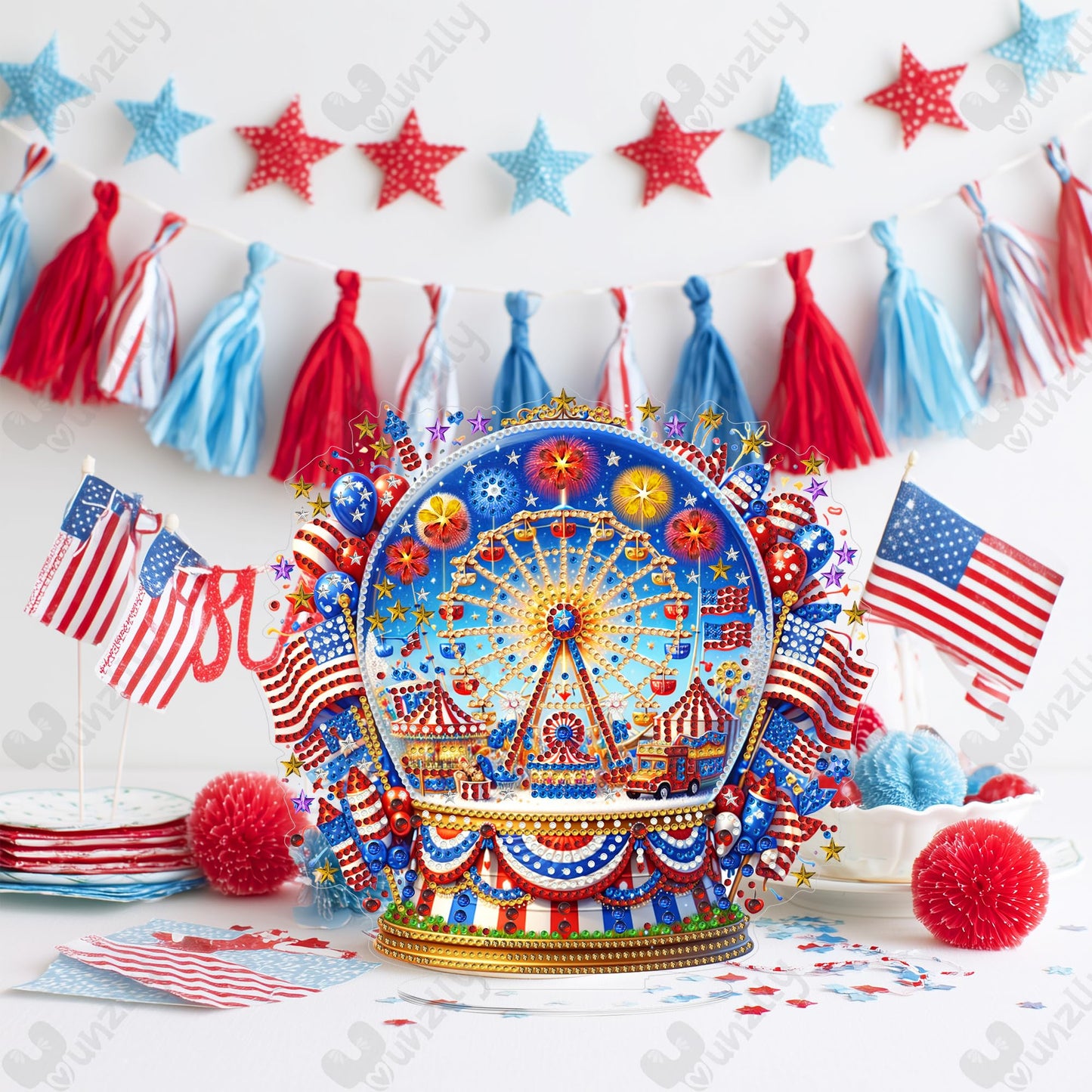 Yunzlly Stand Up Diamond Art Painting Kit, Desktop Gem Painting Ornament Kit for Adults, Tabletop Acrylic Diamond Board Painting (4th of July)