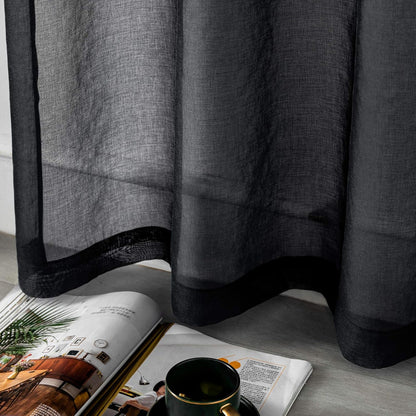 DUALIFE Black Sheer Curtains 72 Inch Length, Set of 2 Panels Rod Pocket Faux Linen Semi Translucent for Living Room