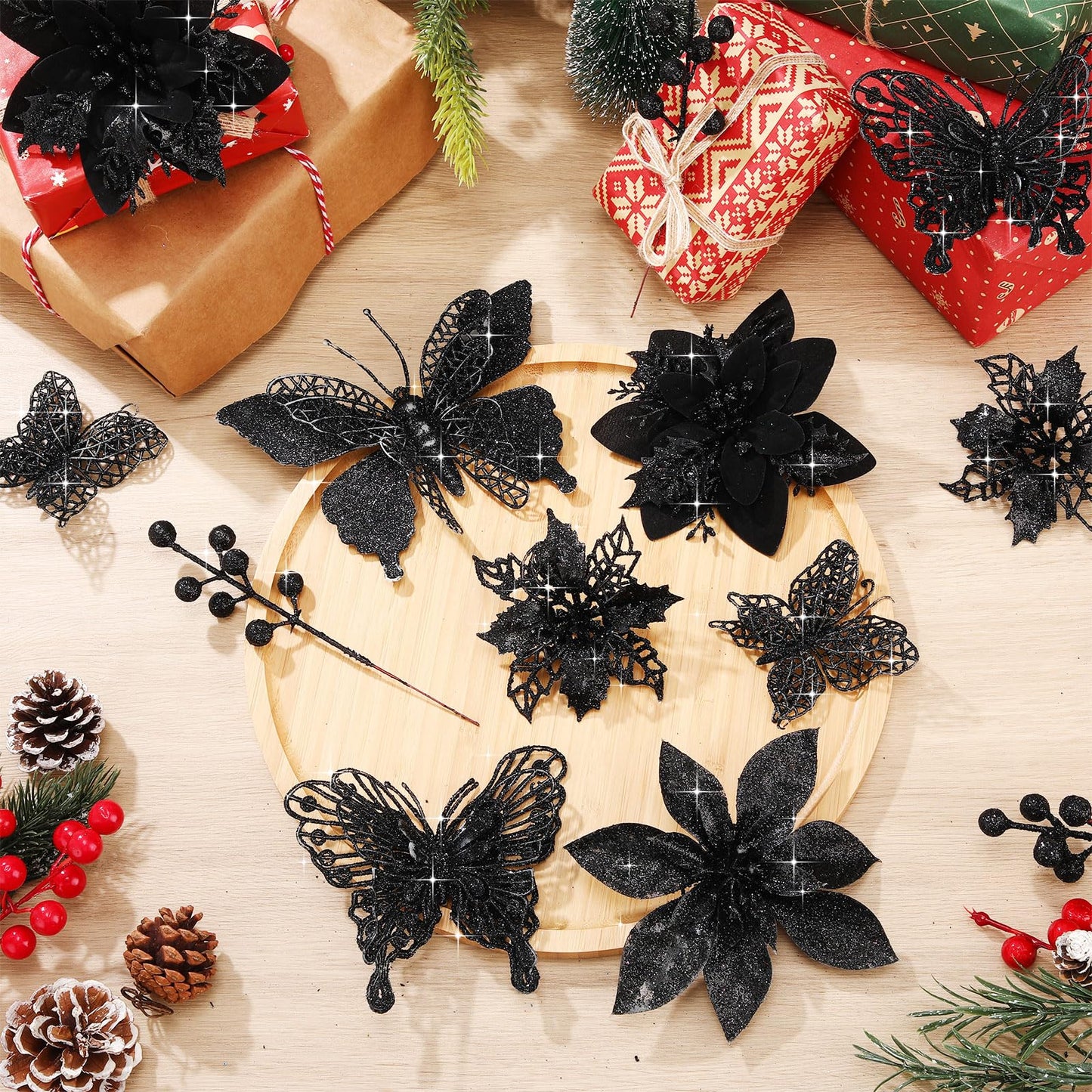 Thiccywoov 122 Pcs Christmas Glitter Poinsettia Artificial Flowers Berry Picks Butterfly Christmas Tree Ornaments 3 Styles Poinsettia kit with Clip for Xmas Wreath Home Tree Decor(Black)