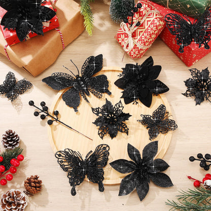 Thiccywoov 122 Pcs Christmas Glitter Poinsettia Artificial Flowers Berry Picks Butterfly Christmas Tree Ornaments 3 Styles Poinsettia kit with Clip for Xmas Wreath Home Tree Decor(Black)
