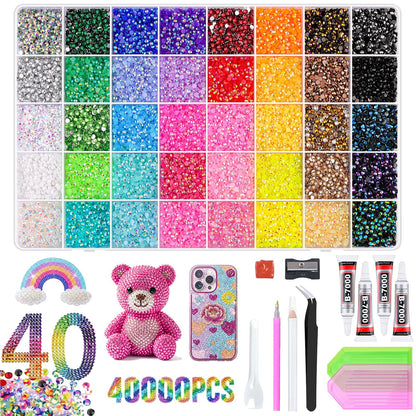 40000 Pcs 40 Colors Resin Jelly Rhinestones for Bedazzling, 3mm Flatback Gems Bedazzler Kit with 4Pcs B7000 Jewelry Glue and Tools, Multicolor Craft Jewels for DIY, Shoes, Crafting, Nail Art & Books