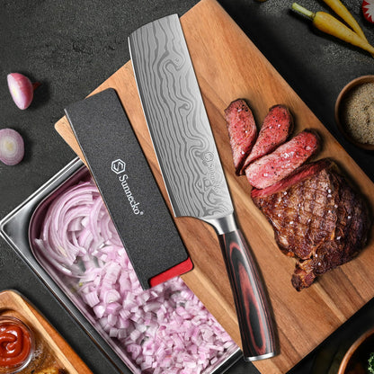 Sunnecko Japanese Nakiri Knife 7 Inch - 15° Edge Carbon Steel Chef Knife Full Tang Forged Blade Vegetable Cleaver with Sheath, Kitchen Gift for Home Cooks & Pros, Father's Day Box