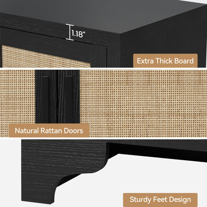 Farmhouse Large Sideboard Buffet with Natural Rattan Doors, 4-Door Storage Cabinet for Kitchen, Living Room, or Entryway, Spacious Storage Solution, Rustic Accent Cabinet for Home Organization