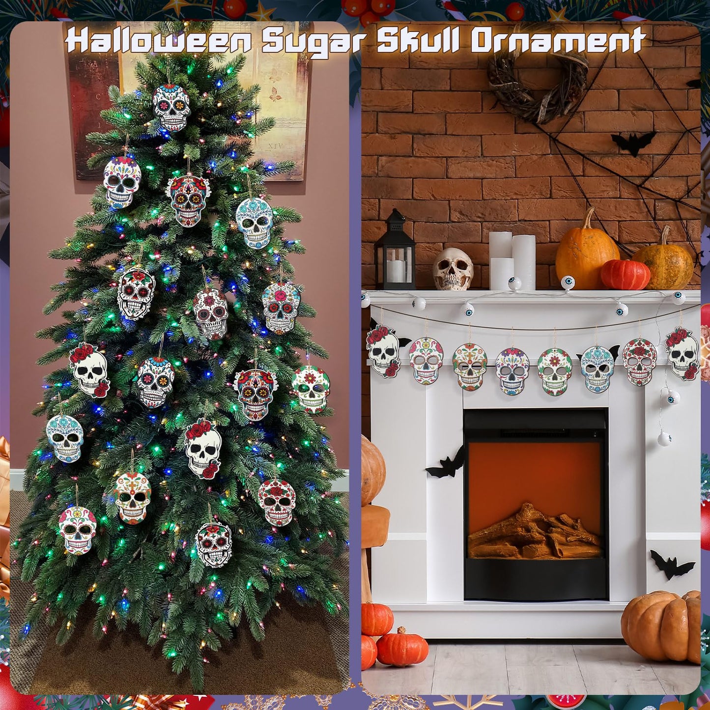 Vercraft 36 Pcs Sugar Skulls Ornaments for Christmas Tree Hanging Decoration Novelty Wood Double-Sided Printing Mexican Christmas Tree Skeleton Head Decor for Holiday Party Favor