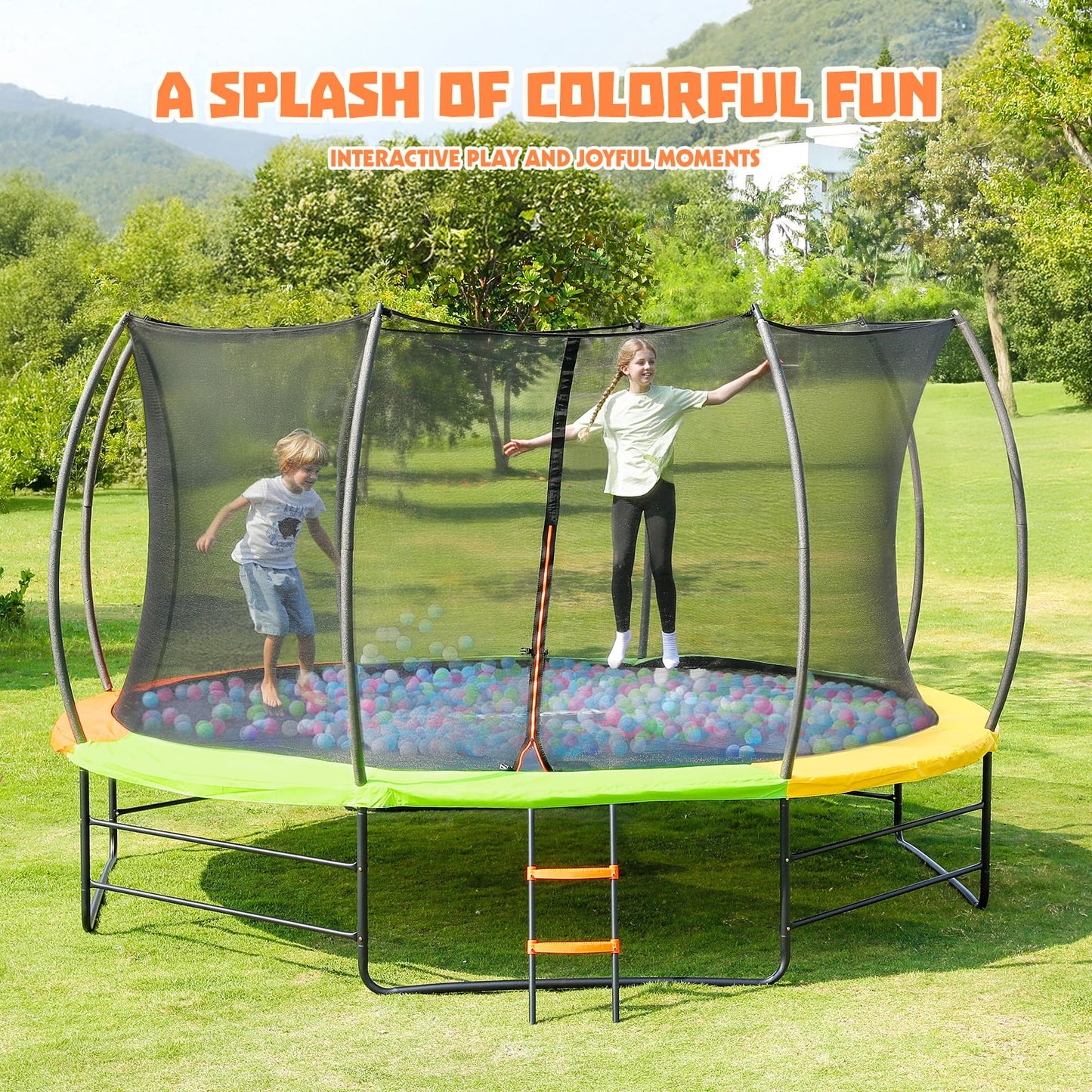 Yohood Trampoline Outdoor 12FT 14FT, Recreational Trampolines with Enclosure Net and Ladder, ASTM Approved for Kids and Adults, with Additional 8 Stabilizer Bars and Anti-Rust Coated Galvanized Frame
