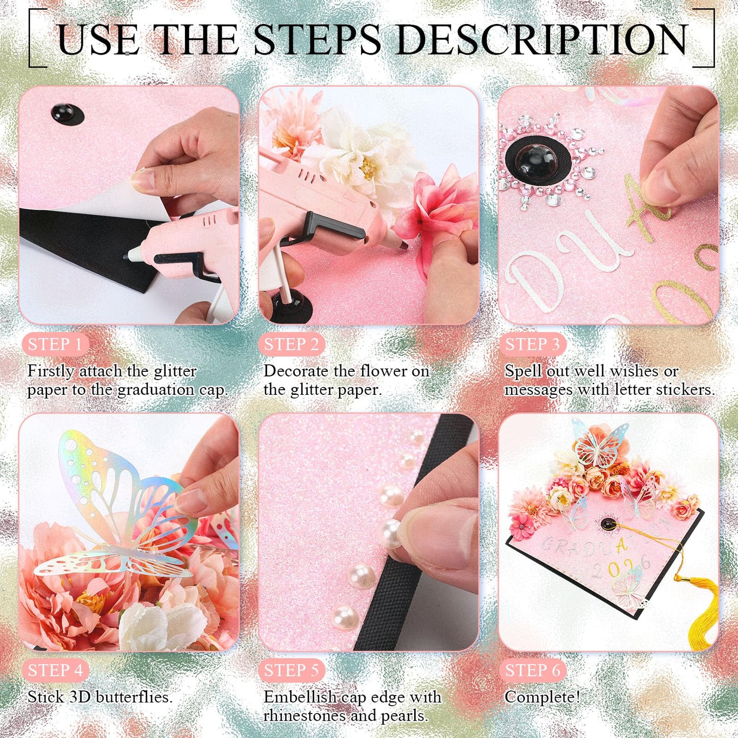 Wavwavw 44 Pcs DIY Graduation Cap Decorations Kit Pink Grad Cap Decorations 3D Artificial Flowers Butterfly Decals Rhinestone Pearl Stickers Letter Stickers Glitter Paper for 2026 Grad Hats Decor