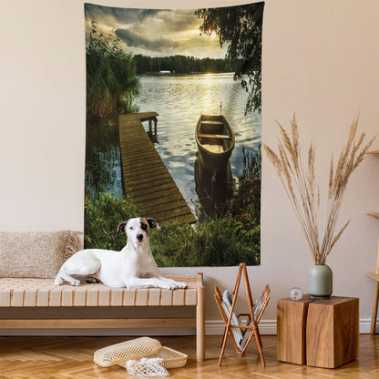 Lunarable Seascape Tapestry Twin Size, Boat at Lake Shore Wooden Pier Sunset Sunbeams Romantic Evening, Wall Hanging Bedspread Bed Cover Wall Decor, Twin Size, Green Yellow