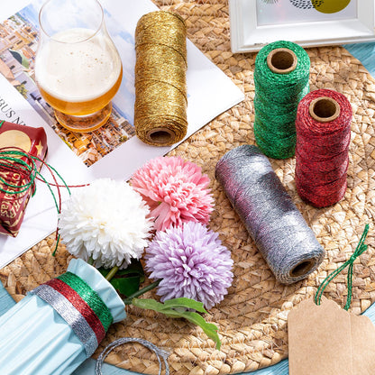 4 Rolls Christmas Metallic Bakers Twine 110 Yards Decorative Wrapping Twine String for DIY Crafts Packing Materials (Gold, Silver, Red, Green)