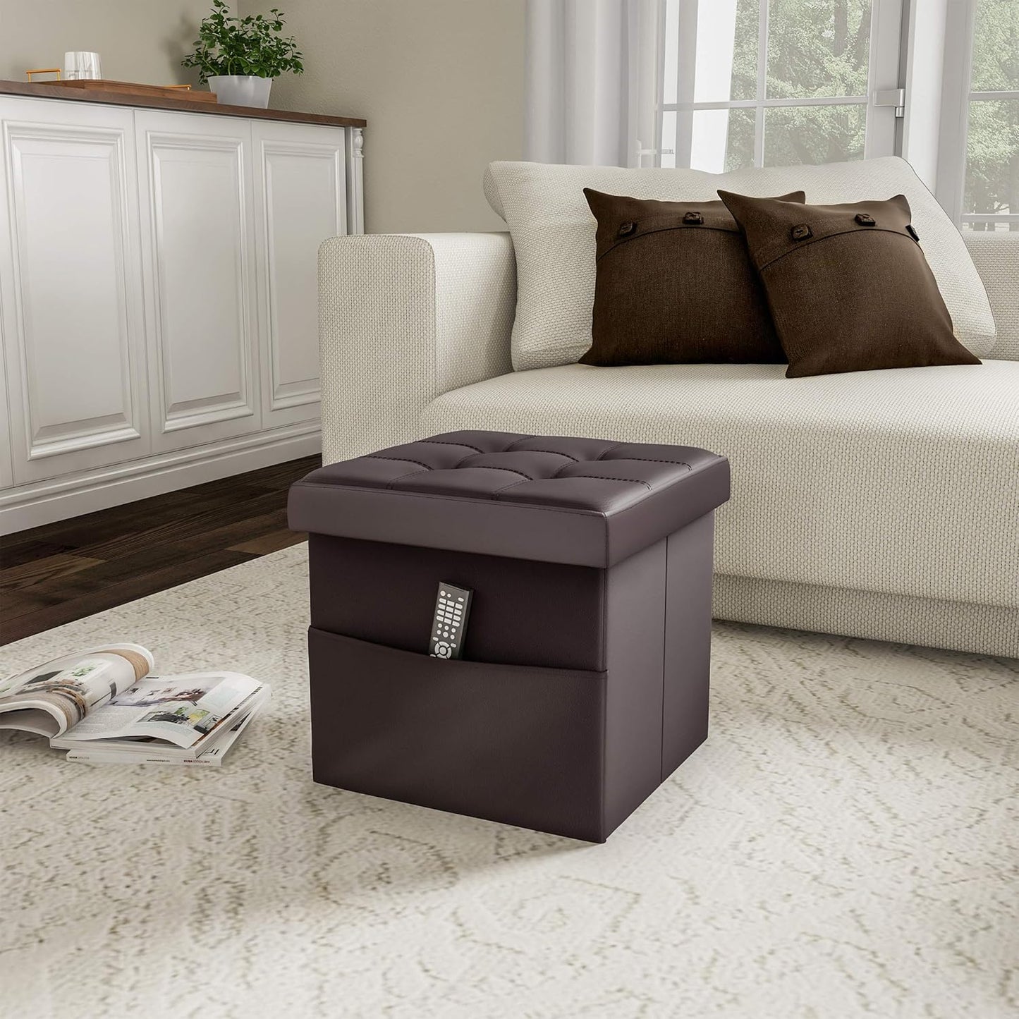Lavish Home Foldable Storage Cube Ottoman with Pocket Tufted Faux Leather Footrest Organizer for Bedroom, Living Room
