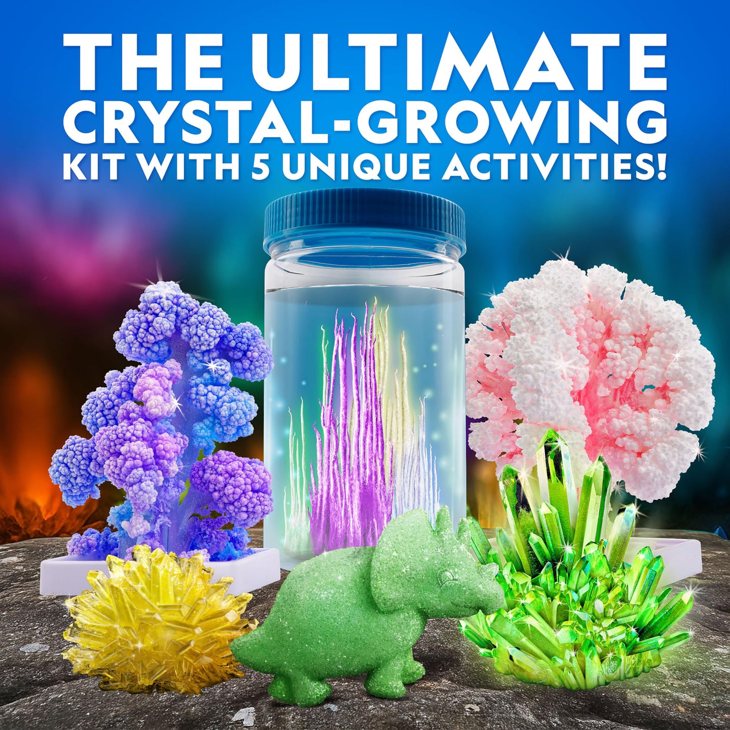 National Geographic Ultimate Crystal Growing Kit – Grow 5 Types of Crystals Including Glow in the Dark, Dinosaur Figure, Underwater Crystals & Crystal Trees with Learning Guide, STEM Science Kit