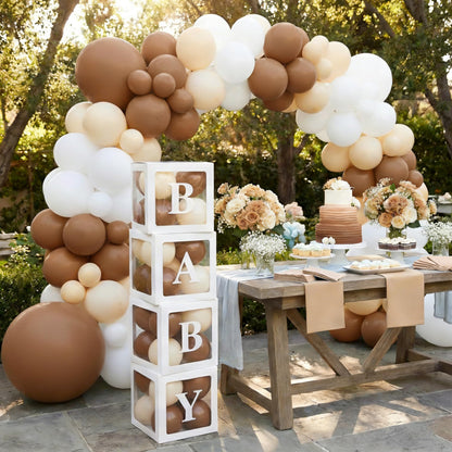 140Pcs Coffee Brown Baby Shower Decorations - Neutral Balloon Arch Garland Kit with 4 Baby Boxes - Mocha Beige Sand Nude Balloons for Teddy Bear Theme, A Baby Is Brewing, Gender Reveal Party