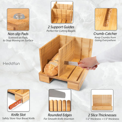 HEDDFAN 12 Bamboo Bread Slicer For Homemade Bread - Built-In Knife Slot, Crumb Catcher & Storage Compartment