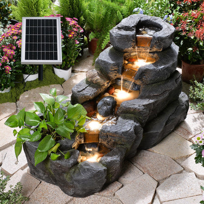 Pivotify 5-Tier Solar Water Fountain Outdoor, 38.2" L Rock Waterfall Fountains Solar Powered Floor Standing Outdoor Water Feature with LED Lights for Patio, Garden,Porch, Yard, Home Art Decor（Grey）