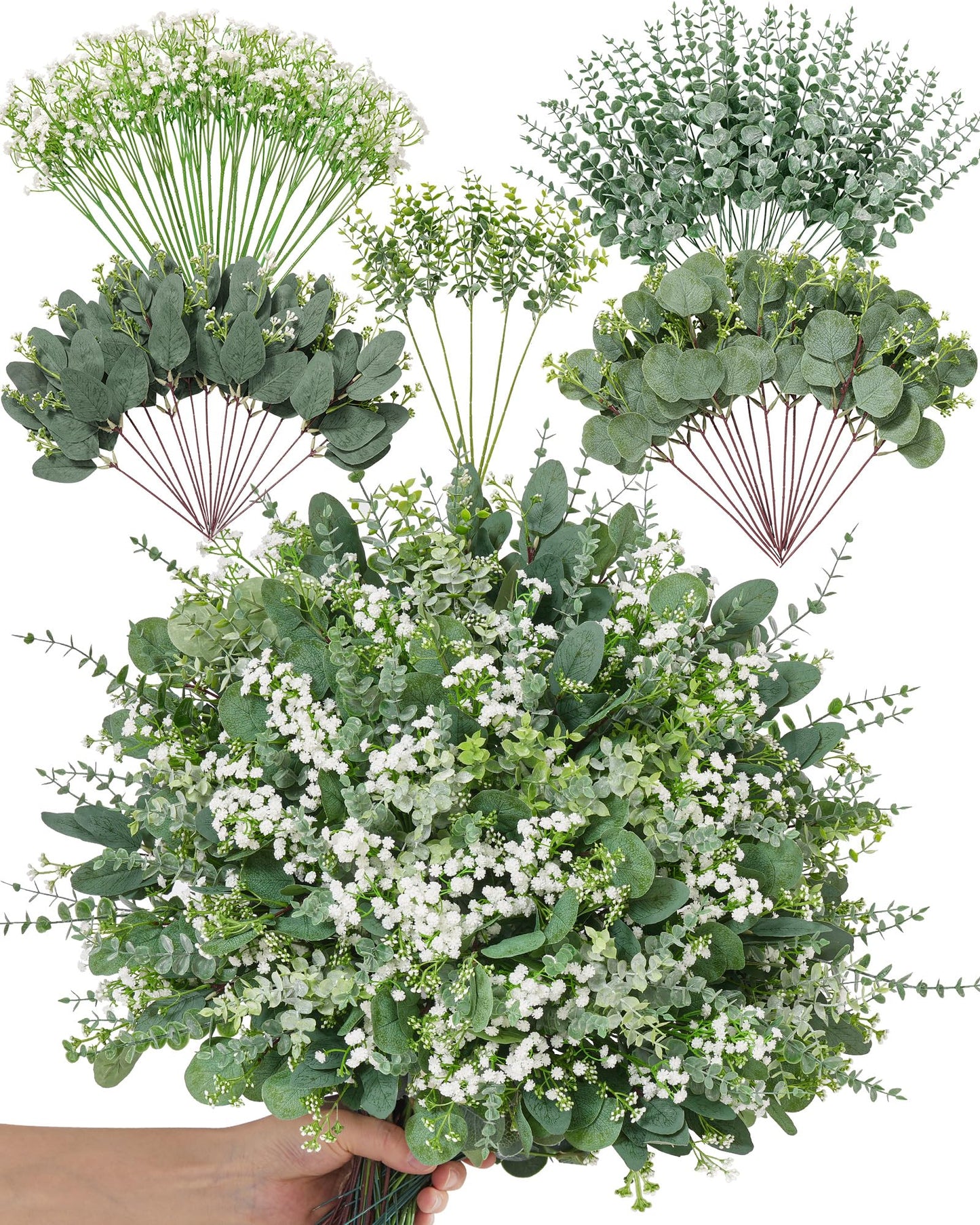 Alecono 5 Kinds Mixed Artificial Greenery Eucalyptus Stems Bulk, Babys Breath Artificial Flowers and Fake Sliver Dollar Leaves for Centerpieces DIY Bouquet Wedding Home Decor(100 Pcs)