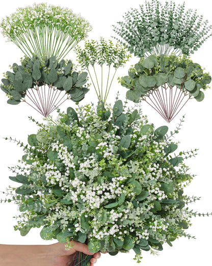 Alecono 5 Kinds Mixed Artificial Greenery Eucalyptus Stems Bulk, Babys Breath Artificial Flowers and Fake Sliver Dollar Leaves for Centerpieces DIY Bouquet Wedding Home Decor(100 Pcs)