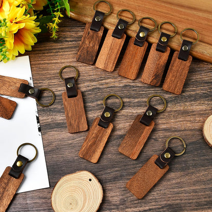 Aemygo 50 Pcs Leather Wood Keychain Blank, Wooden Keychain Blanks with Leather Strap, Unfinished Wooden Keychains bulk for DIY Craft, Laser Engraving