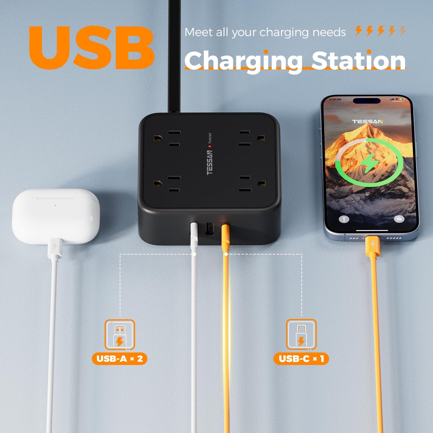 TESSAN Surge Protector Power Strip, 5 Ft Flat Plug Extension Cord with 3 USB (1 USB C) 8 Outlets, 900J Surge Protection, 3 Sided Outlet Extender with Power Switch for Office, Dorm Room Essentials