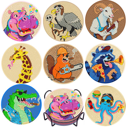 DOTSOPS Animal Diamond Painting Coaster with Holder 5D Diamond Art Kits for Adults Round Full Drill Beginners Gem Dots Craft Arts Supplies Party Home Decor 8pcs