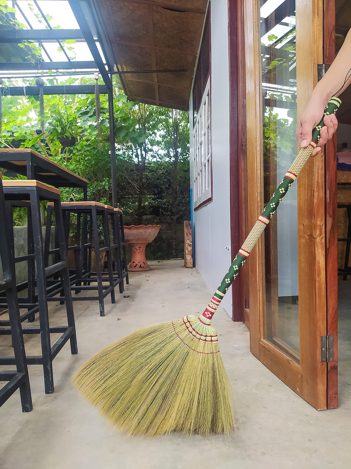 Thai Vintage Retro Grass Broom Stick, Asian Straw for Wedding Jumping, Witch, House, Long With Solid Wood Handle - Primitive Sweeping Dirt Dust Garbage
