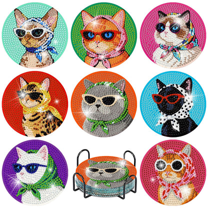 8 Pcs Cat Diamond Painting Coasters Kits with Holder,Cat Wearing Glasses Diamond Art Coasters with Wooden Pad for Adult,DIY Round Drill Gem Drink Coaster Art Craft Supplies for Home Decor 4x4 Inch.