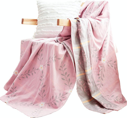 MEJU Summer 100% 2 60 80 Flower Muslin Lightweight Blanket for Bed Sofa Couch, Combed Cotton Layer Soft Warm Quick Dry