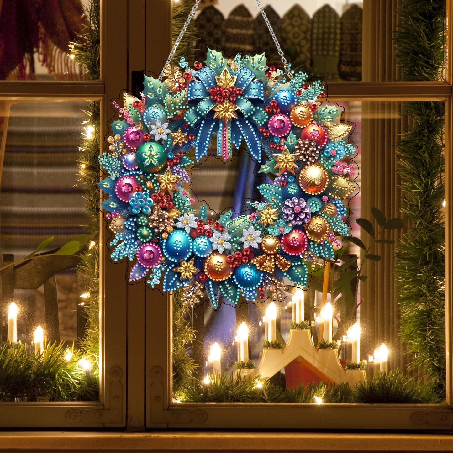 JJFox Diamond Art Hanging Kit for Adult,Special Shaped Rhinestone,Double Sided 5D DIY Acrylic Diamond Art Painting Window Pendants Home Garden Wall Hanging Kits Hanging Ornament (Christmas Wreath)