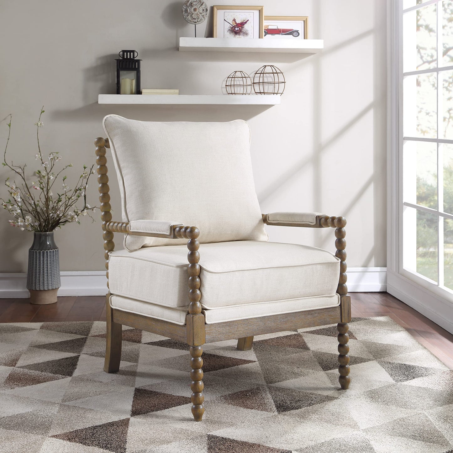 OSP Home Furnishings Fletcher Spindle Accent Chair with Rustic Brown Finish, Linen Upholstery