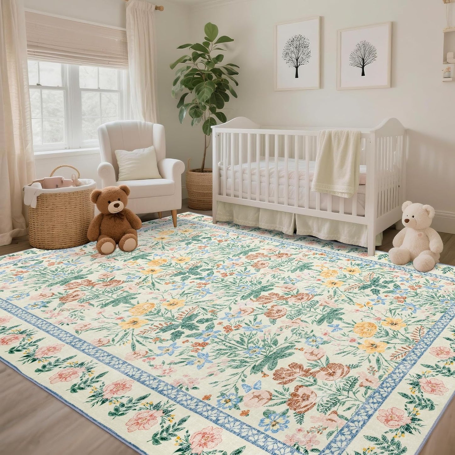 5x7 Boho Area Rugs: Floral Washable Rugs for Living Room Bedroom Nursery Girls Room Decor - Soft Non-Slip Carpet