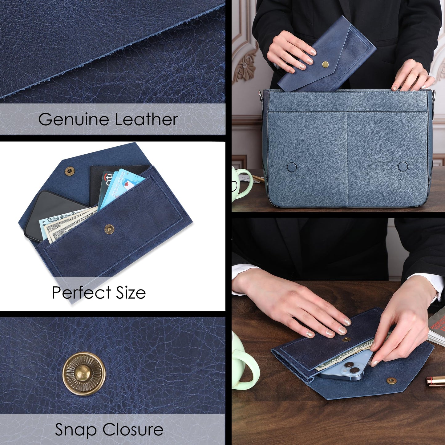 TheAntiq Blue Leather Cash Envelopes for Money Pouch Currency Holders - Soft Leather Money Bag Mobile Holder for Travel - Genuine Leathers Wallets for Women Money Bag - Travel Money Pouch Cash Holder