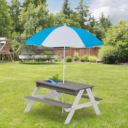 WEALTHGIRL 3-in-1 Kids Outdoor Wooden Picnic Table with Adjustable 43" Umbrella, Convertible Sand & Water Activity Center, Solid Cedar Wood Construction, Spacious Seating for Four