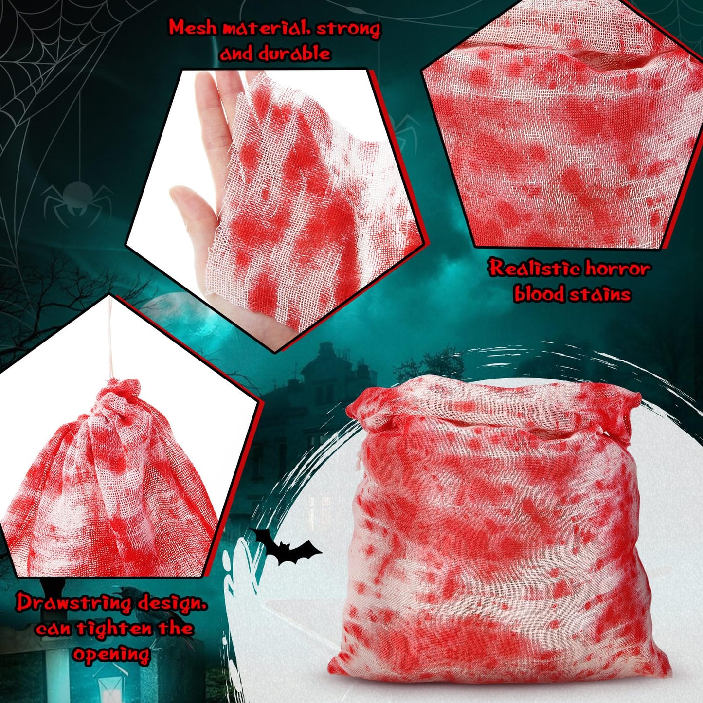 Arrowbash 4 Pcs Halloween Horror Treat Goodie Bags Bloodstain Spooky String Back Halloween Drawstring Bloody Body Bags for Candy Favors Supplies (20 x 16 in)