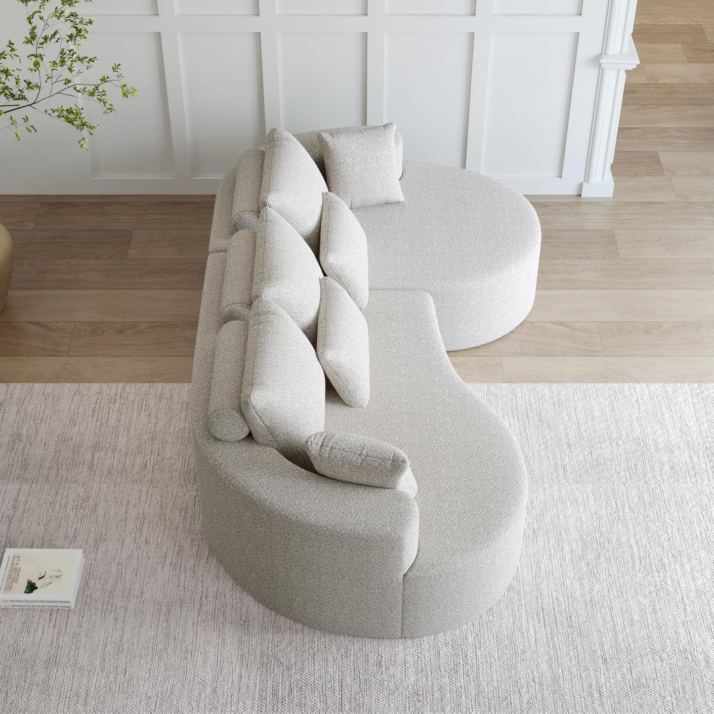 KEIKI 105" Chenille Corner Sofa with Chaise, Curved Sectional Couch, L Shaped Deep Seat Sectional Couch for Living Room, Bedroom, Beige