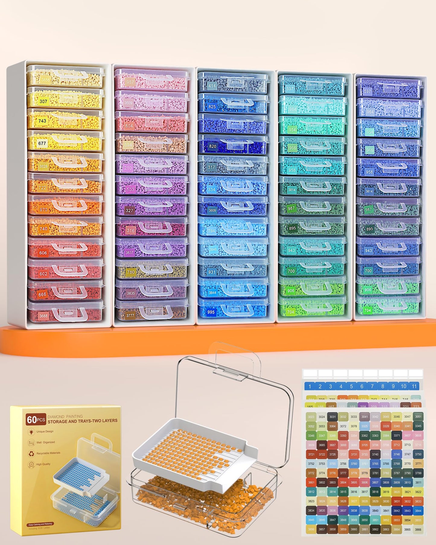Redtwo 60pcs Diamond Painting Storage Containers Trays with Two Layers, 3-in-1 Diamond Painting Trays with Lids, Diamond Art Accessories, Diamond Art Drills Storage & Line-Up