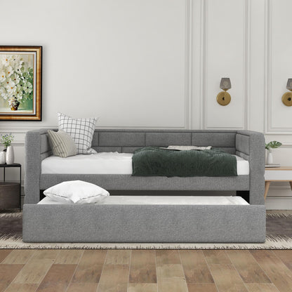 GDFStudio Twin Upholstered Daybed with Trundle, Fabric Daybed Frame with Padded Back and Sides, Pull-Out Sofa Bed for Living Room Bedroom Guest Room, Gray