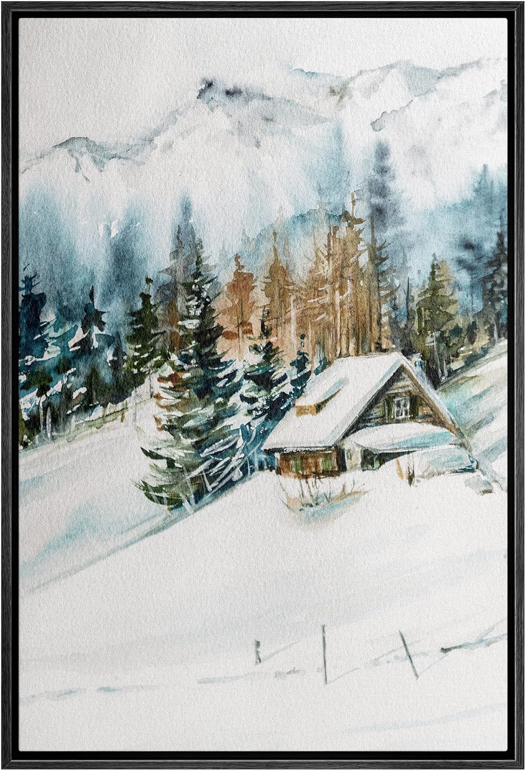 16"x24" SIGNWIN Framed Canvas Print Wall Art Woodland Nursery Decor Log Cabin Winter Snow Mountain Forest Nature Modern