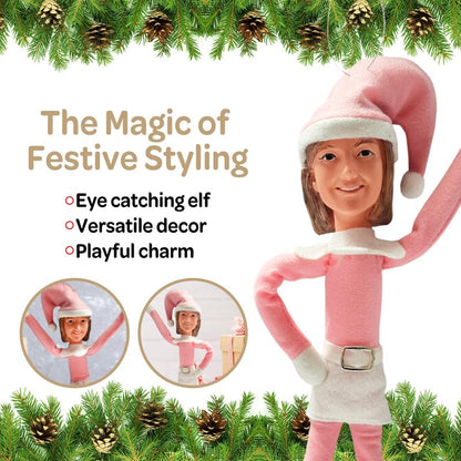 Party Monkeys Bend and Pose Pink Timeless Holiday Charm Martha Elf 35cm Ornament – Handmade Pink Christmas Elf Decoration for Tree, Mantel, Shelf, and Holiday Party Décor
