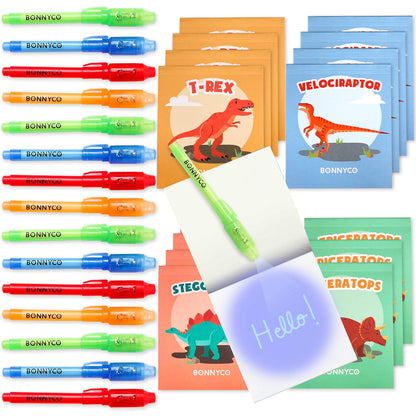 BONNYCO Invisible Ink Pen and Notebook Pack 16, Dinosaur Party Favors for Kids. Magic Spy Pen Goodie Bags Stuffers for Kids, Dinosaur Birthday Party Supplies. Goody Bag Stuffers, Return Gifts Prizes