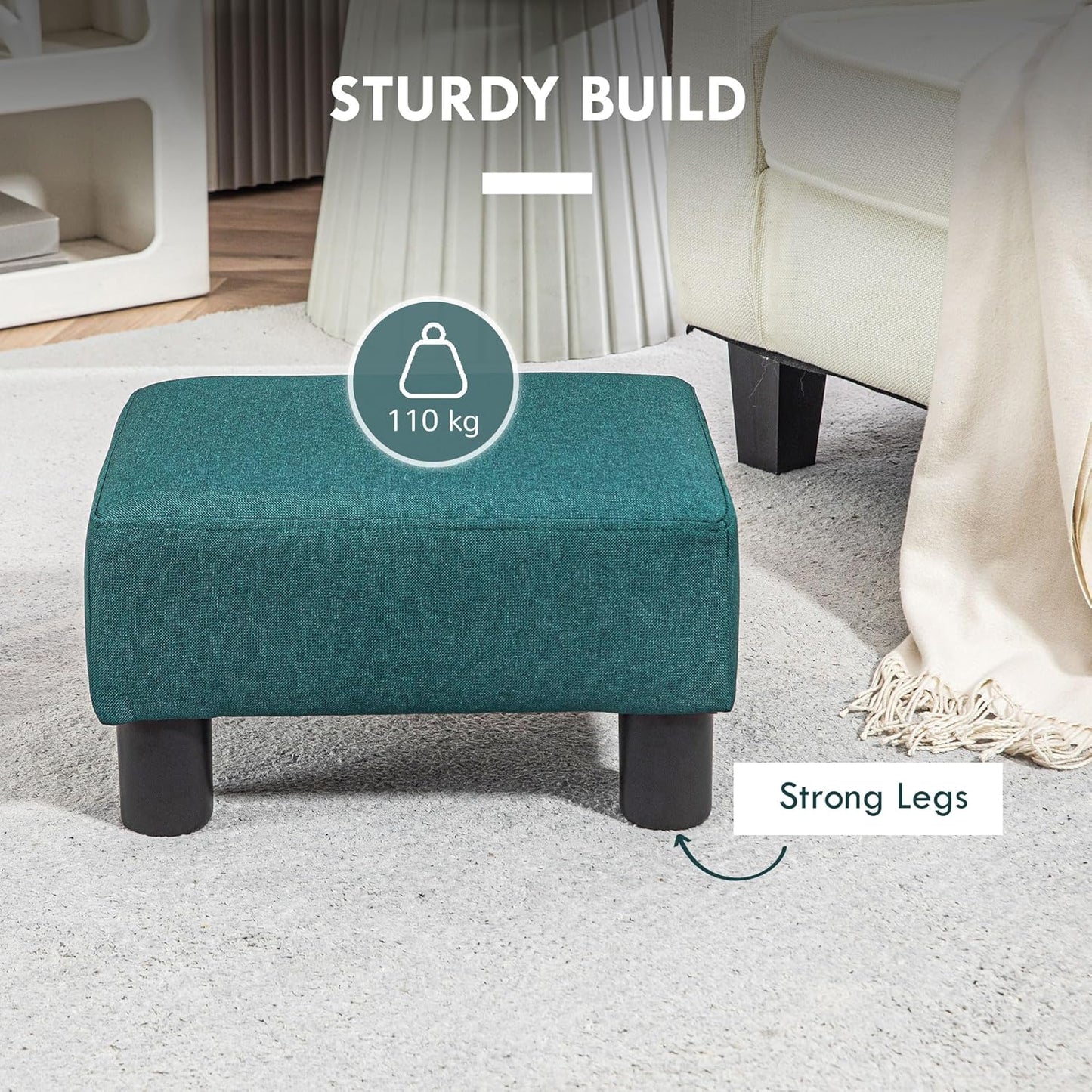 HOMCOM Ottoman Foot Rest, Small Foot Stool with Linen Fabric Upholstery and Plastic Legs, Cube Ottoman for Living Room