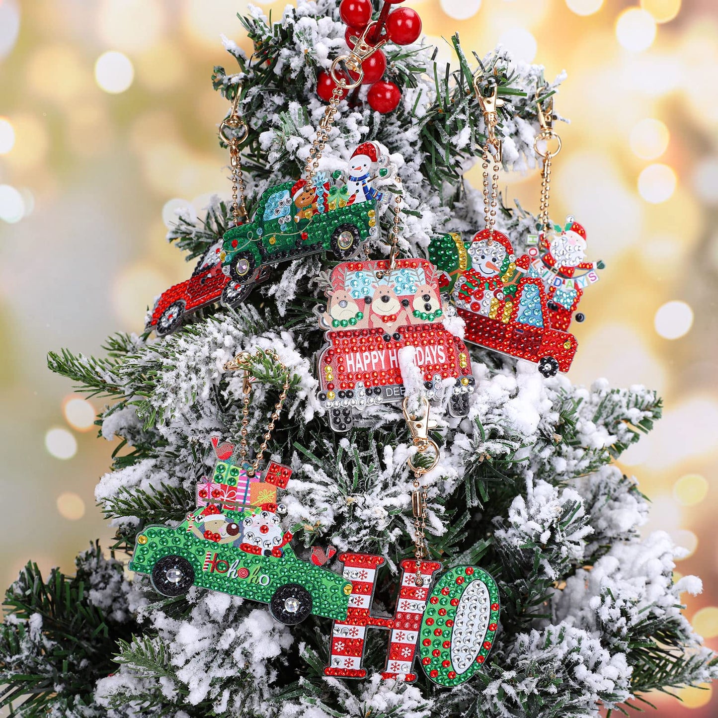 AnyDesign 12Pcs Christmas Diamond Art Keychain DIY Handmade Truck Santa Snowman Gem Painting Pendant Rhinestone Mosaic Making Full Drill Diamond Key Chain for Crafts Gift