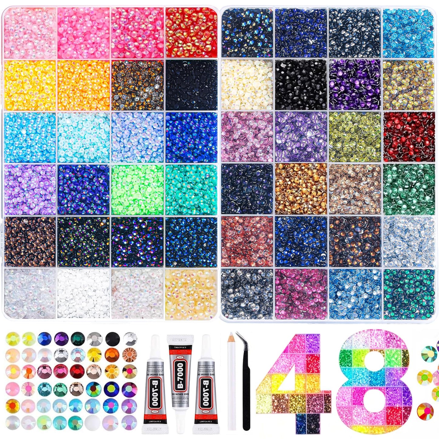 Vertdens 48 Colours 48000 Pieces 3mm Bedazzling Kit, Flatback Rhinestones, Resin Jelly Gems, Rhinestones for Bedazzling, Diamond Art & DIY Bedazzler, Including 3 x 10ml Bottles of B7000