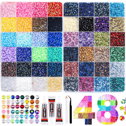 Vertdens 48 Colours 48000 Pieces 3mm Bedazzling Kit, Flatback Rhinestones, Resin Jelly Gems, Rhinestones for Bedazzling, Diamond Art & DIY Bedazzler, Including 3 x 10ml Bottles of B7000