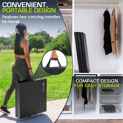 ProsourceFit Tri-Fold Folding Thick Exercise Mat 6’x2’ with Carrying Handles for MMA, Gymnastics Core Workouts, Black