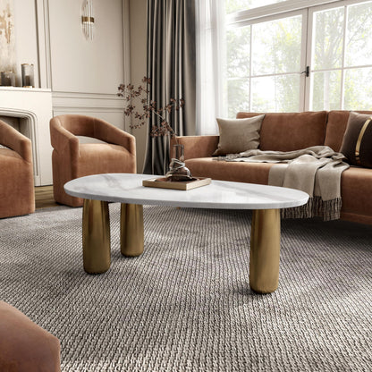 Furniture of America Gavora Modern 51-inch Oval Sintered Stone Top Coffee Table with Gold Triple Pedestal Legs for Small Space, Living Room, Home Office, White