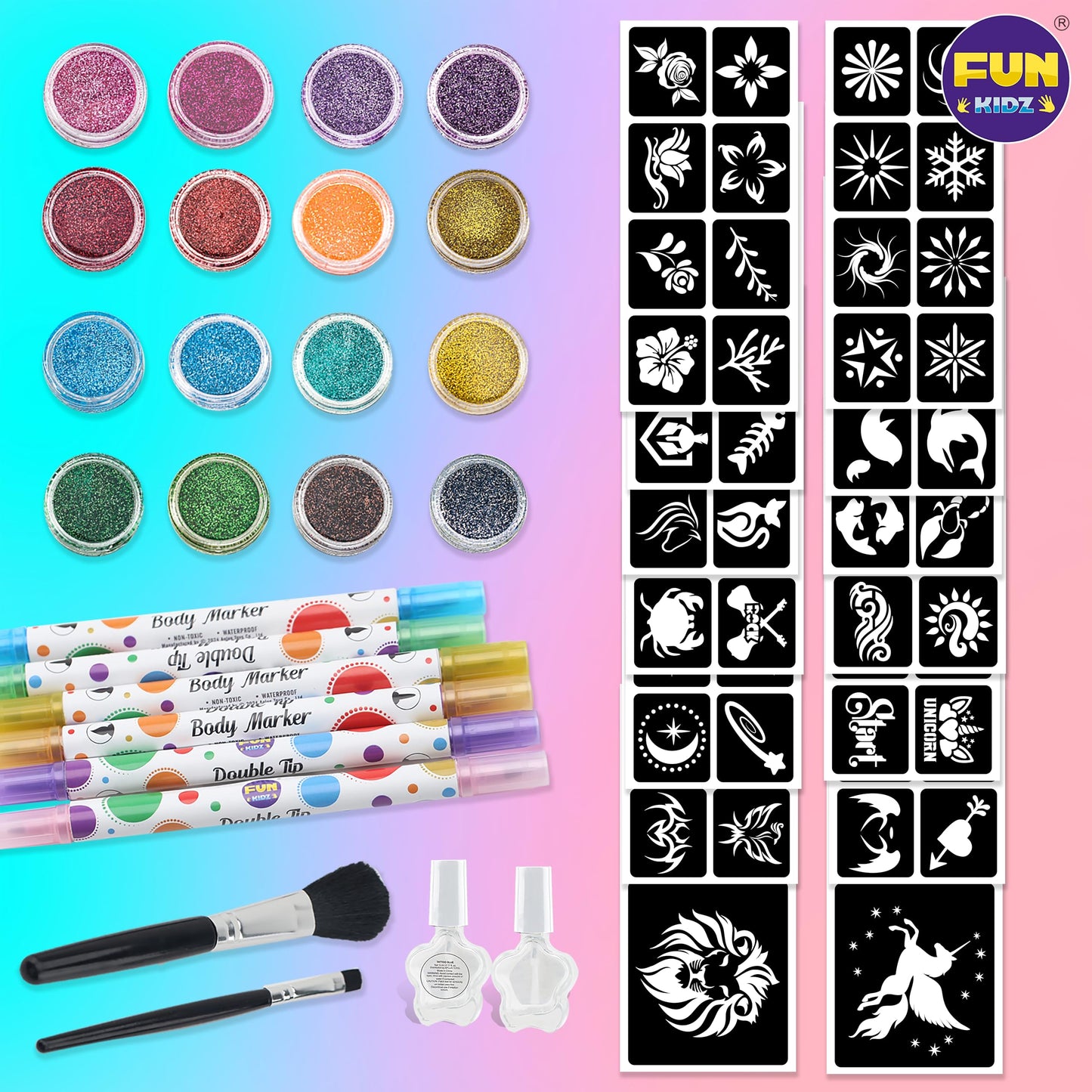 Tattoo Kit for Kids Ages 8-12, FunKidz 6 Double Tips Sparkle Brush Body Art Markers for Skin Plus Temporary Glitter Tattoo Kits With 106 Cute Tattoo Stencils Tattoo Glues Cool Presents for Tween Girls