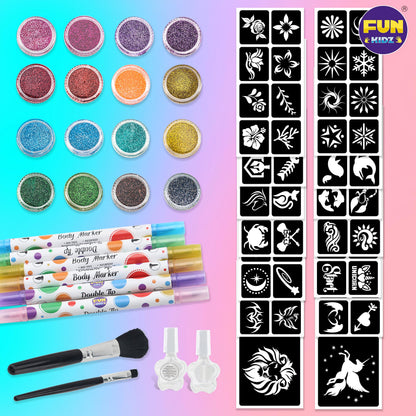 Tattoo Kit for Kids Ages 8-12, FunKidz 6 Double Tips Sparkle Brush Body Art Markers for Skin Plus Temporary Glitter Tattoo Kits With 106 Cute Tattoo Stencils Tattoo Glues Cool Presents for Tween Girls