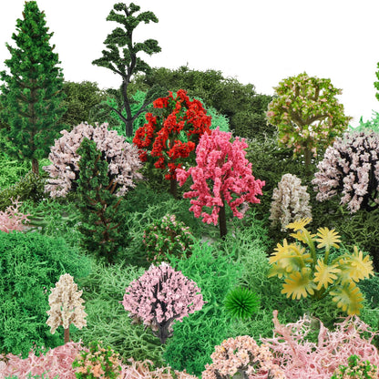 QUOZUO 36 Pcs Mixed Model Trees with 40g Moss Pink and Green, Diorama Trees Grass Mini Fake Miniature Trees Moss for Building Model, Model Train Scenery, Natural Green Landscape, Railroad Scenery
