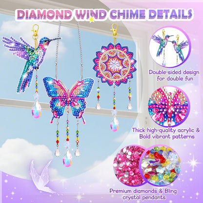 Crafts for Girls 8-12, Diamond Art Kits for Girls Ages 10-12, 3 PCS Diamond Art, DIY Suncatchers & Wind Chime Kits for Kids, Great Arts & Crafts Birthday Gift, Pretty Home/Garden/Backpack décor